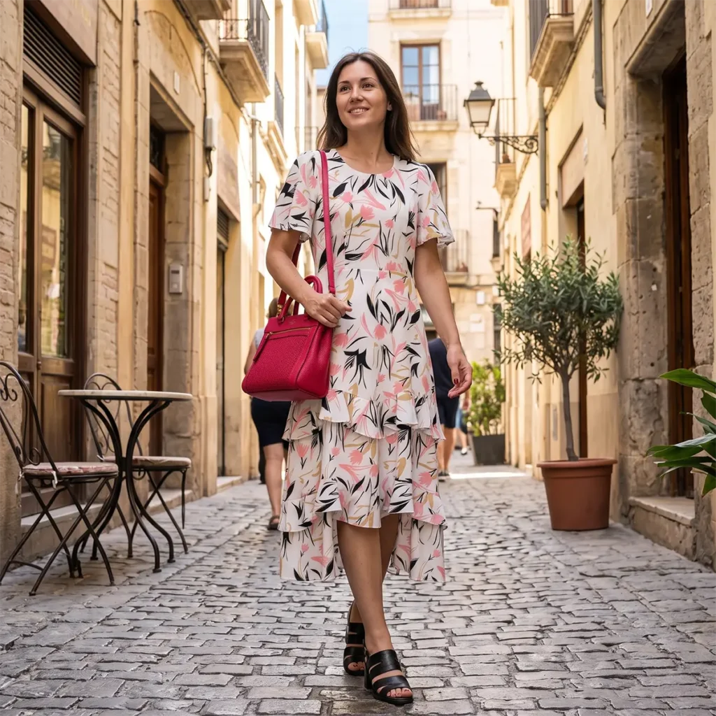 Outfit: vestido estampado botánico, sanadalias Tangüis, cartera Kate Spade