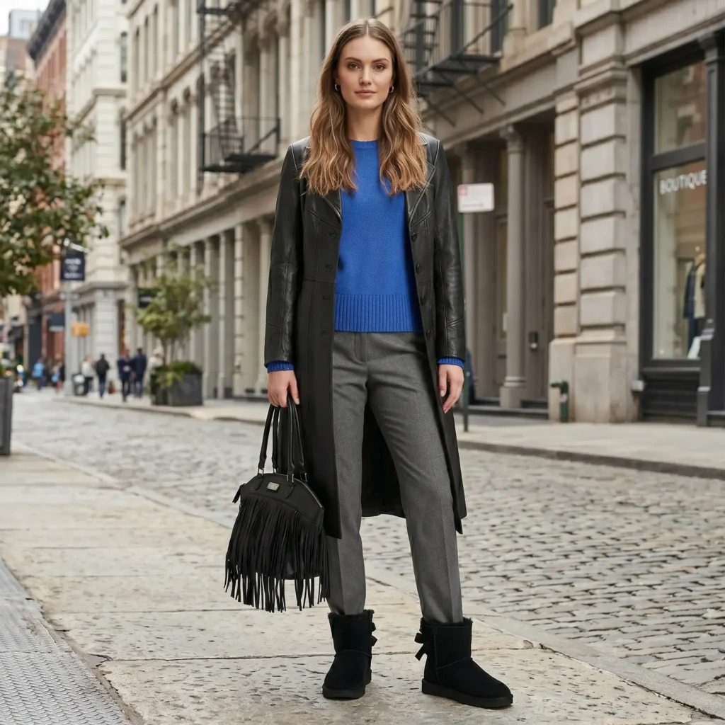 Outfit: abrigo vintage cuero argentino, pantalón dril gris, botines UGG, cartera boho Nine West, suéter Gasoline.