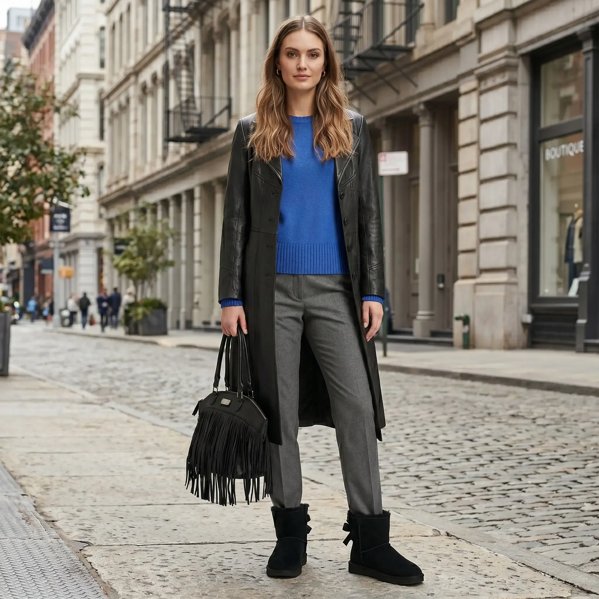 Outfit: abrigo vintage cuero argentino, pantalón dril gris, botines UGG, cartera boho Nine West, suéter Gasoline.