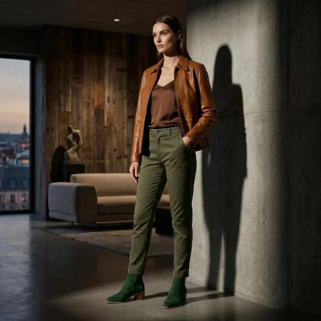 Outfit: chaqueta vintage cuero argentino Fabrica Donna, pantalón drill satinado Pimafine, botines en gamuza, Navigata