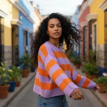 Suéter cropped punto lila y naranja