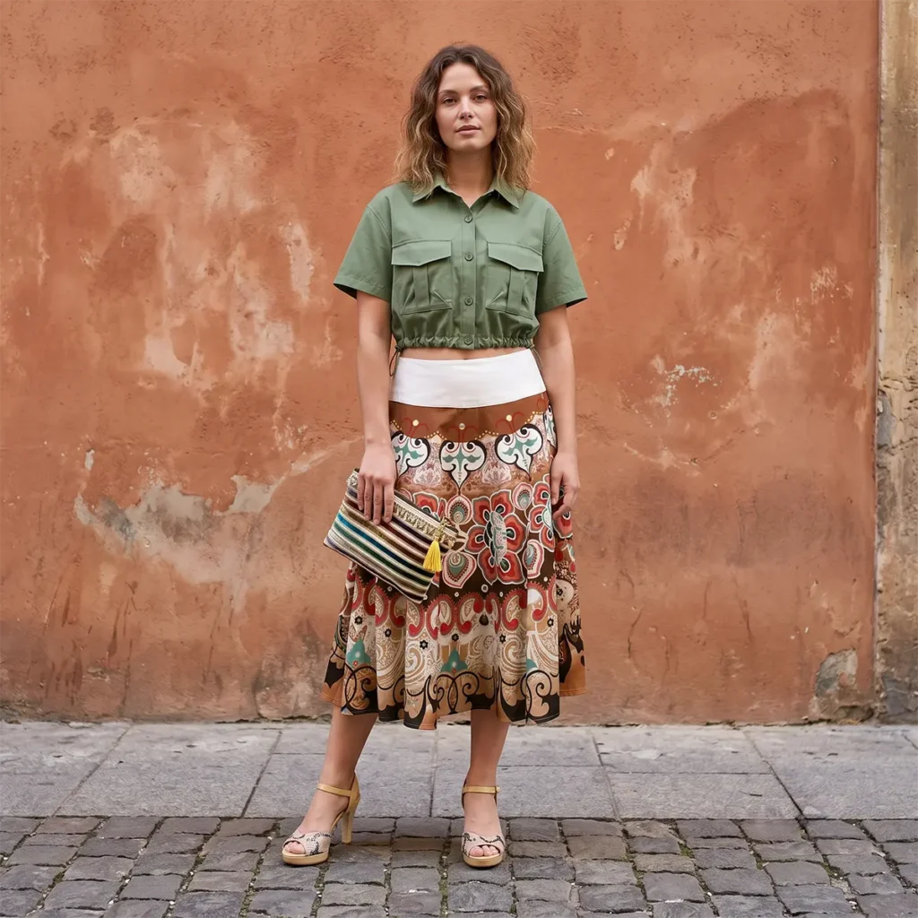 Outfit: camisa cropped, Sybilla, falda, Mix It; sandalias, Paez; clutch, Khipu