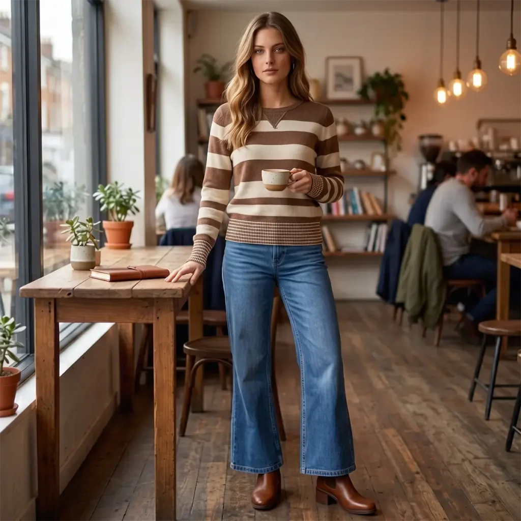 Outfit: suéter Kaisely; Jeans flare, Forever21; botines