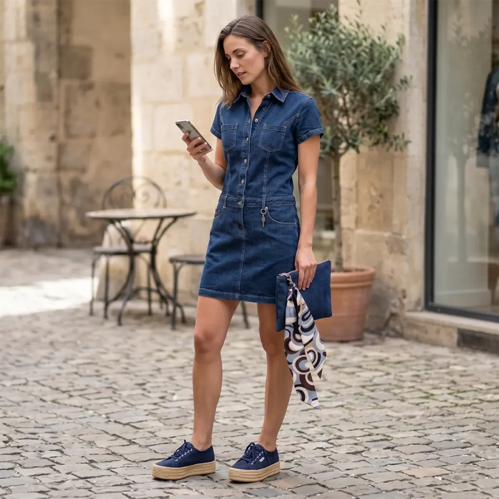 Outfit: vestido denim, Tommy Hilfiger: zapatillas, Superga; clutch, Khipu