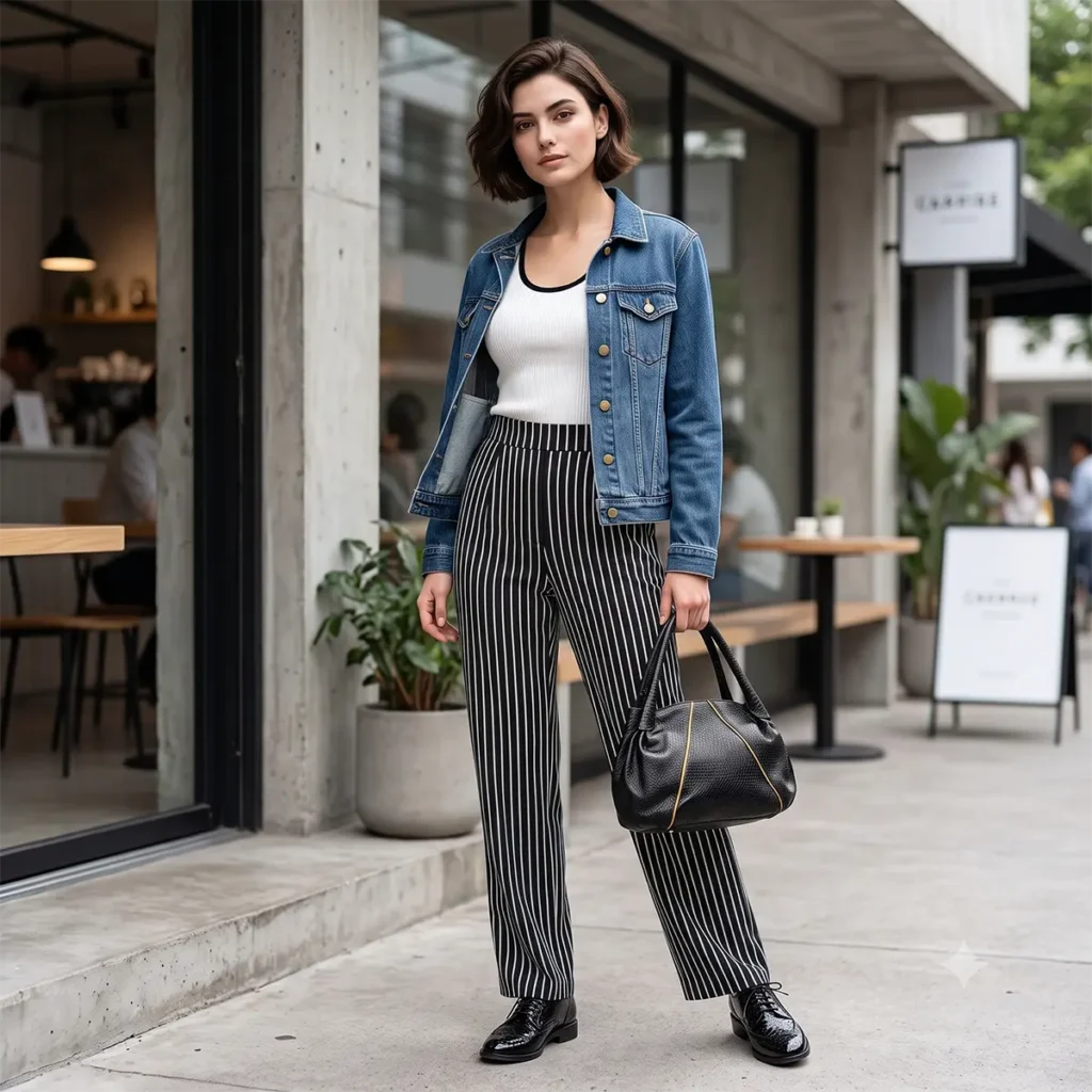 Outfit: top, Pippa Way; pantalón, Bershka; chaqueta Lois; Cartera Milano Bags; zapatos, Bottero